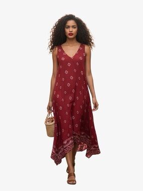 California Moonrise Red Bandhani Print Asymmetrical Handkerchief Hem Dress S